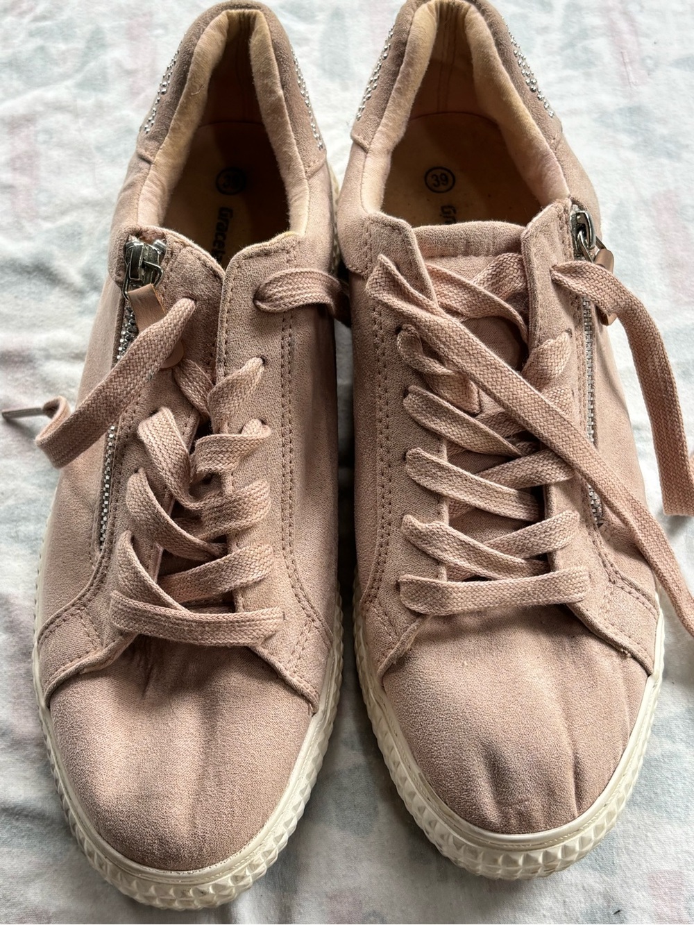 Women's Suede Lace-Up Sneakers in Dusty Pink with Side Zip